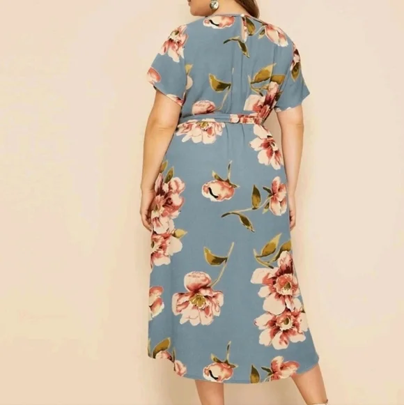 Plus Large Floral Print Belted Dress XL Midi - Picture 2 of 2